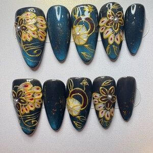 Hand-Painted Floral Navy Blue Press-On Nails with Gold Accents